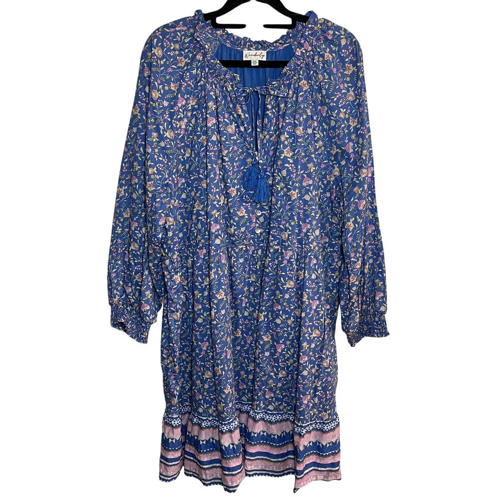 Wonderly Peasant Midi Dress Blue Floral Size 2X Cottage Boho Romantic XXL Ruffle - Picture 2 of 10
